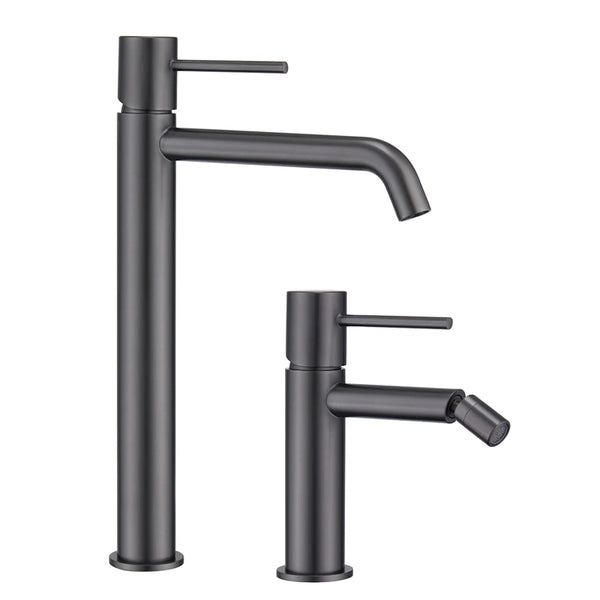 Coppia rubinetti lavabo alto e bidet senza scarico nero canna di fucile Memo