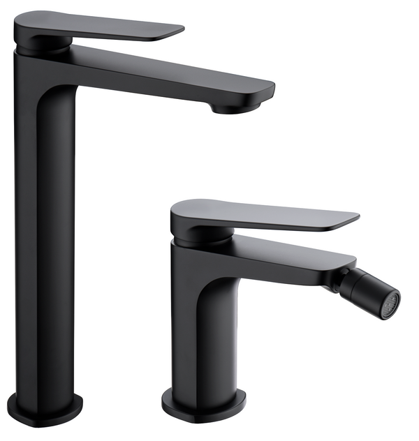 Coppia rubinetti miscelatore lavabo alto e bidet senza scarico nero opaco Momo