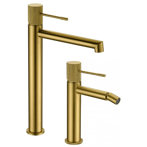 Coppia rubinetti lavabo alto e bidet senza scarico oro spazzolato Melin