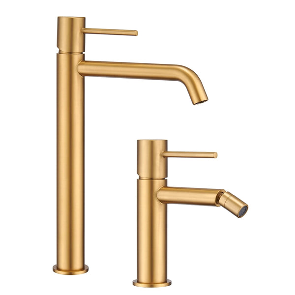 Coppia rubinetti lavabo alto e bidet senza scarico oro spazzolato Memo