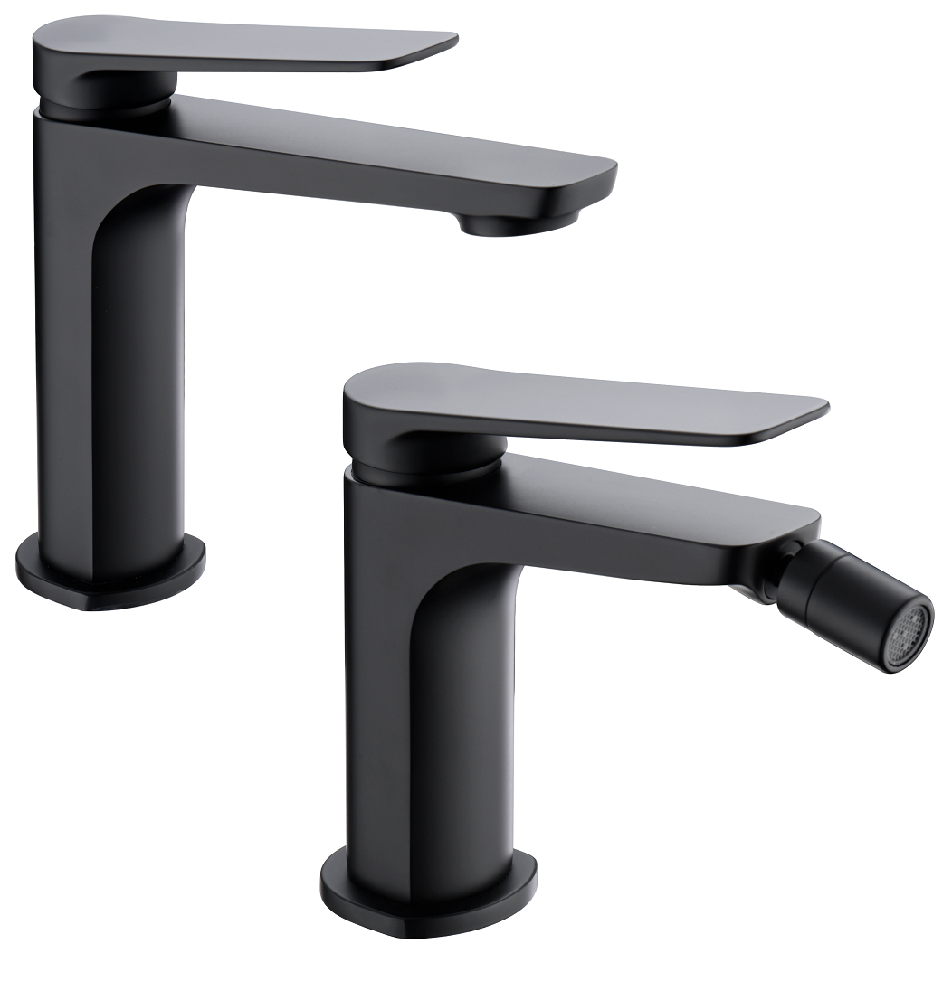 Coppia rubinetti miscelatore lavabo e bidet senza scarico in ottone nero opaco Momo