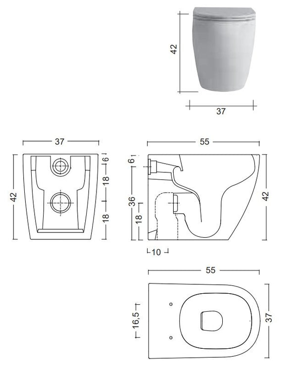 Coppia sanitari a terra bidet e wc senza brida scarico a parete con sedile soft close termoindurente bianco lucido Pin Nic Design