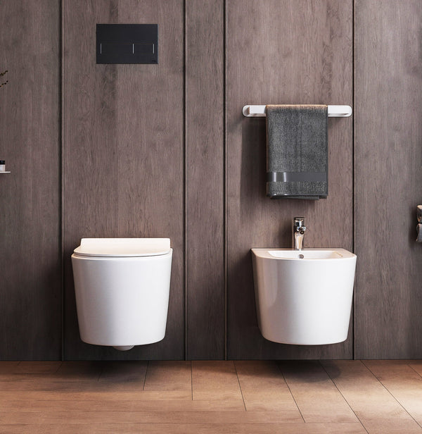 Coppia sanitari sospesi bidet e vaso rimless in ceramica con sedile soft close bianco lucido Linea Esse