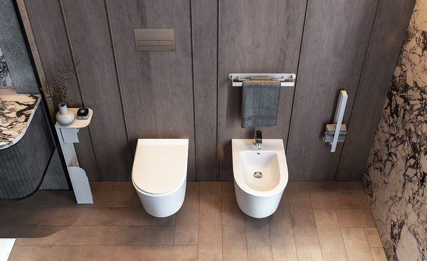 Coppia sanitari sospesi bidet e vaso rimless in ceramica con sedile soft close bianco lucido Linea Esse
