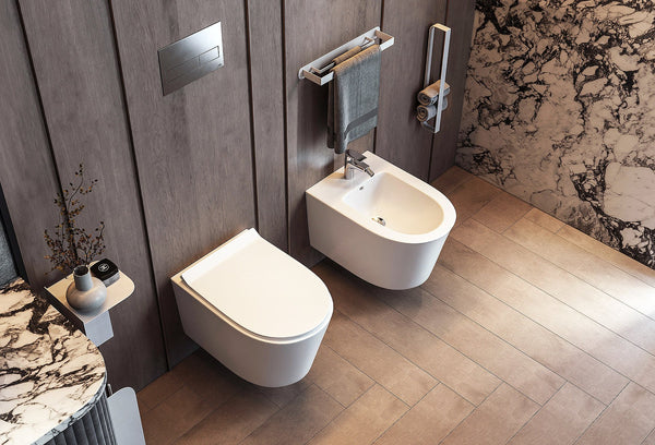 Coppia sanitari sospesi bidet e vaso rimless in ceramica con sedile soft close bianco lucido Linea Esse