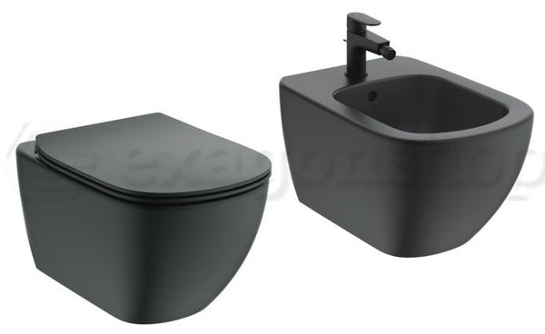 Ideal Standard Tesi coppia sanitari sospesi Vaso Acquablade e bidet sospeso e Sedile Slim Rallentato Nero opaco