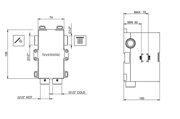 Treemme Corpo incasso modulare miscelatore vasca doccia con deviatore pulsante RWIT51B1ZZ03