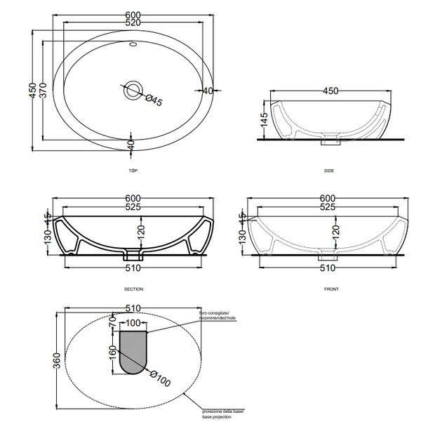 Cielo Fluid Lavabo 60x45 Da Appoggio Senza Foro Con Troppo Pieno Nero Lucido