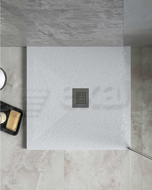 Piatto Doccia 90x90 Desio effetto pietra in Mineralmarmo visto dall'alto con superficie e piletta di scarico - Exagonshop