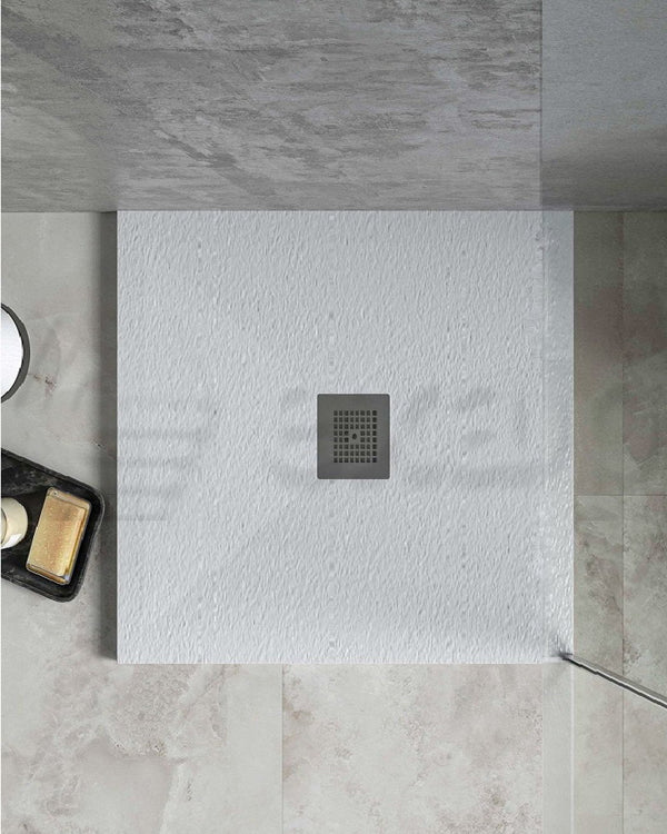 Piatto Doccia 80x80 Desio effetto pietra in Mineralmarmo visto dall'alto con superficie e piletta di scarico - Exagonshop