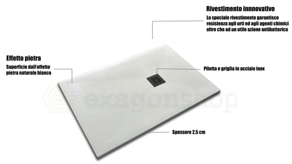 Desio Piatto Doccia 80x180 effetto pietra antibatterico in Solidstone Bianco