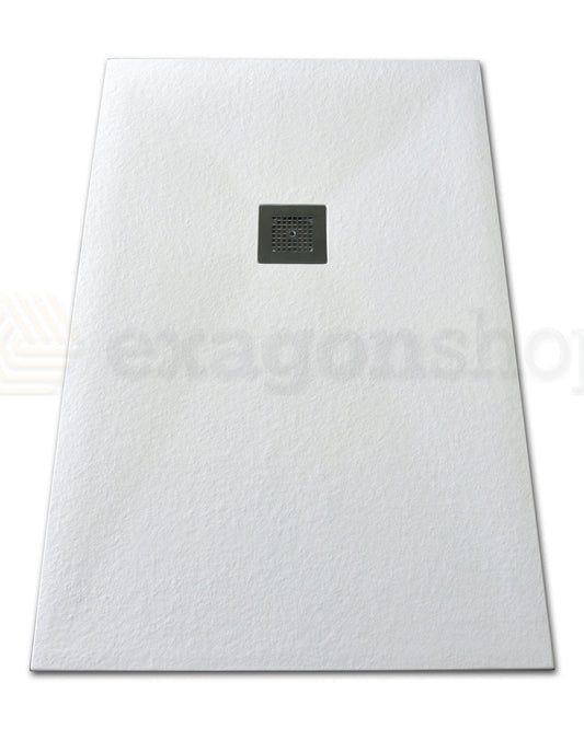 Piatto Doccia 70x100 Desio effetto pietra in Mineralmarmo Bianco Matt ambientato in box doccia con pareti in vetro...