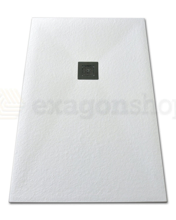 Piatto Doccia 70x100 Desio effetto pietra in Mineralmarmo Bianco Matt ambientato in box doccia con pareti in vetro...