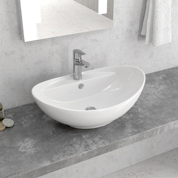 Lavabo 59x39 ovale Da Appoggio con bordo rubinetteria In Porcellana Bianca New Line O3