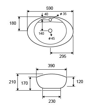 Ciotola 59x39 Da Appoggio con bordo rubinetteria In, vista laterale del profilo e della forma - Exagonshop