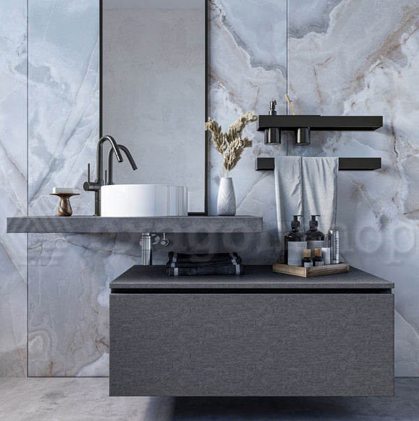 Mobile bagno grigio 90x50 Elsa top e lavabo da appoggio, vista laterale della struttura sospesa - Exagonshop