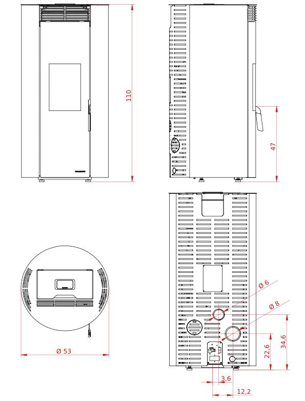 Stufa a pellet ermetica in acciaio nero braciere autopulente Ecofire Emily 6 Palazzetti 805809400