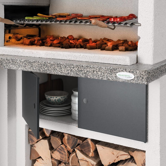 Palazzetti Faro New barbecue con braciere laterale e cappa Grigio, vista laterale che mostra profilo e dimensioni