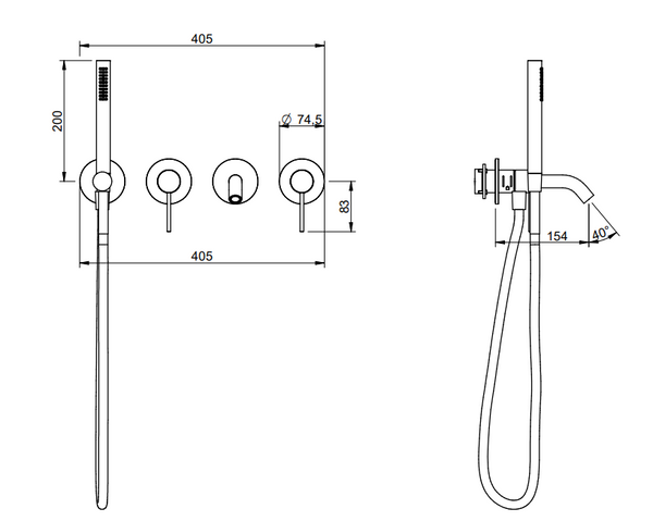 Treemme 40mm RWIT13D8IS04 miscelatore vasca a muro con bocca e doccetta senza parte incasso inox satinato