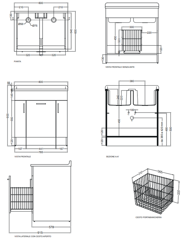 Colavene Twist mobile lavatoio 80X60 con due vasche e cesto portabiancheria bianco