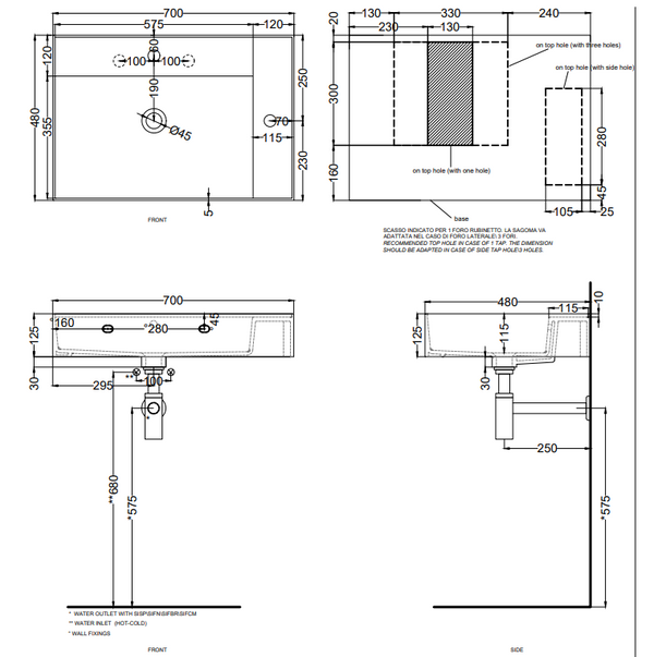 Cielo Enjoy Lavabo 70x48 Sospeso O Da Appoggio Rettangolare Con Troppopieno Bianco lucido