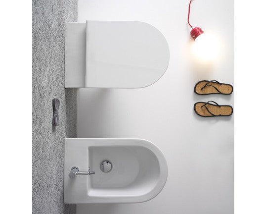 Coppia Sanitari Sospesi Vaso senza brida Bidet e Sedile rallentato Bianco Opaco Ceramica Globo Forty3