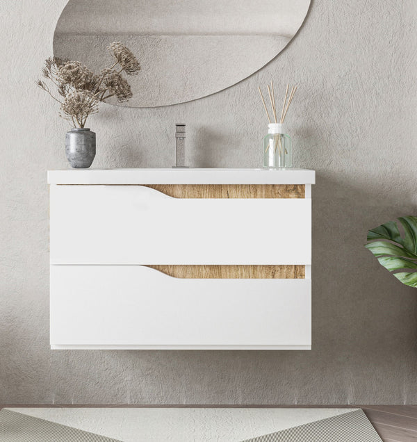 Mobile bagno 80x46 Gaia quercia naturale bianco lucido con lavabo