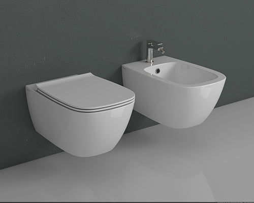 Coppia sanitari Bidet e vaso sospesi con sedile rallentato in duroplast Bianco Genesis Ceramica Globo