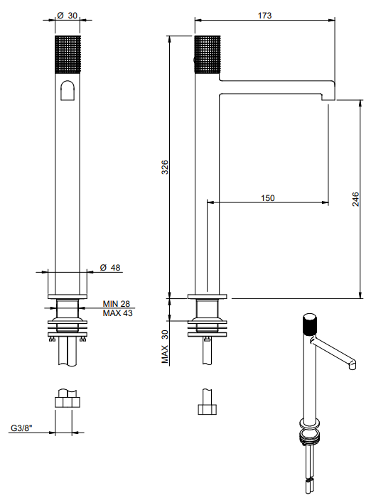 Treemme T30 IT5B18CCZ4ZZ miscelatore lavabo alto monocomando 246mm con maniglia zigrinata in ottone cromo