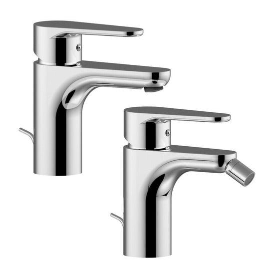 Paffoni Green Coppia Rubinetti Lavabo E Bidet scarico Cromato Lucido, vista frontale su sfondo bianco