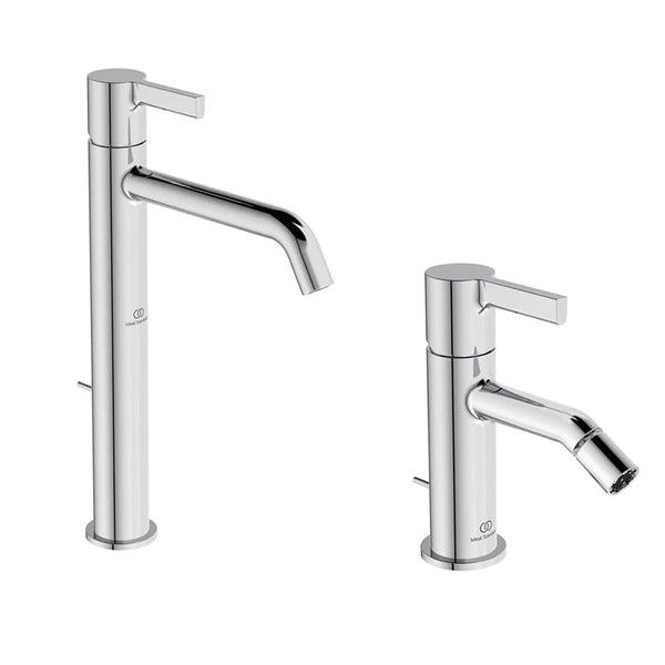 Ideal standard joy coppia miscelatori bidet e lavabo alto Cromo Lucido, vista frontale su sfondo bianco