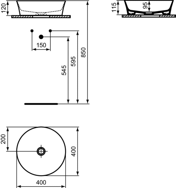Ideal Standard Ipalyss E139801 Lavabo Tondo 40 cm ultrasottile da appoggio senza troppo pieno bianco