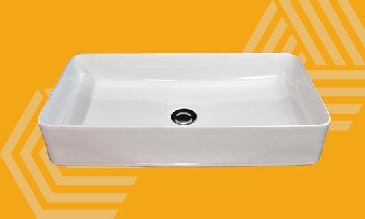 Lavabo 60,5x35,5 da appoggio in ceramica per top mobile in lucido ambientato su piano bagno con accessori - Exagonshop