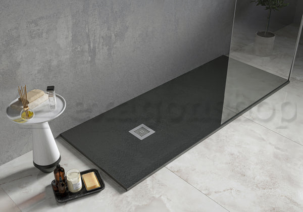 Piatto Doccia 70x140 Desio effetto pietra in Mineralmarmo Anthracite visto dall'alto con superficie e piletta di scarico...