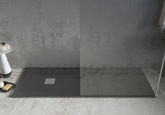 Piatto Doccia 80x100 Desio effetto pietra in Mineralmarmo ambientato in box doccia con pareti in vetro - Exagonshop