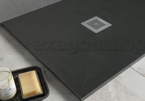 Piatto Doccia 80x120 Desio effetto pietra in Mineralmarmo Anthracite visto dall'alto con superficie e piletta di scarico...