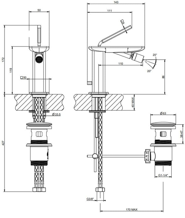 Gessi Ispa Miscelatore Bidet con leva stick Scarico e Flessibili Cromo 41007