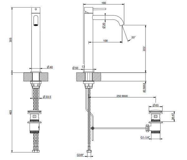 Gessi Flessa Miscelatore lavabo alto bocca lunga con scarico steel brushed 54003