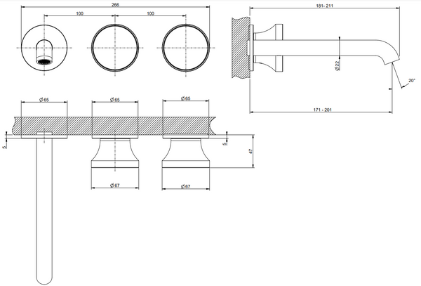 Gessi 66090 Parte esterna gruppo lavabo 3 fori senza scarico parte incasso non inclusa brass brushed