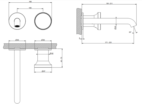 Parte esterna miscelatore lavabo a parete bocca media senza scarico parte incasso non inclusa brass brushed 66088 Gessi