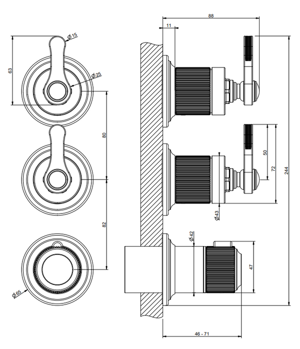 Parte esterna miscelatore doccia termostatico a parete 2 uscite indipendenti verticale orizzontale brass PVD Venti20 65334 Gessi