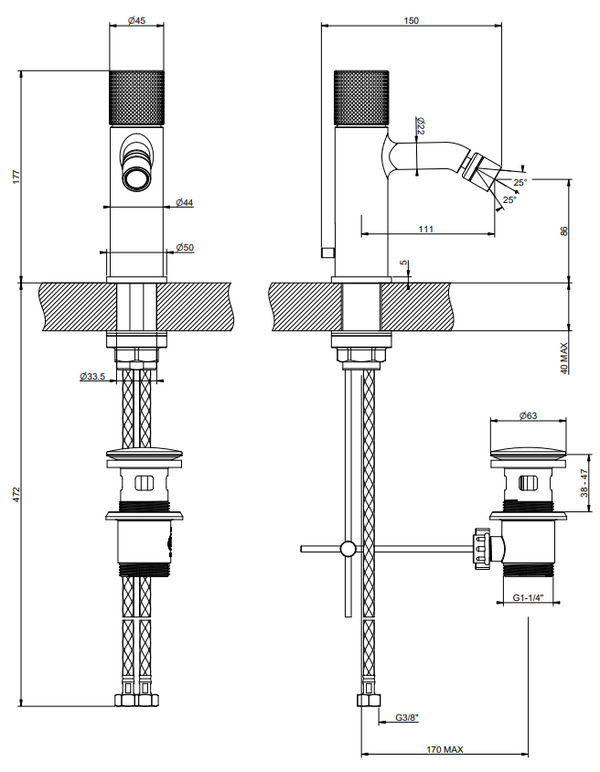 Gessi Miscelatore bidet con scarico brass brushed pvd diamantato 70607