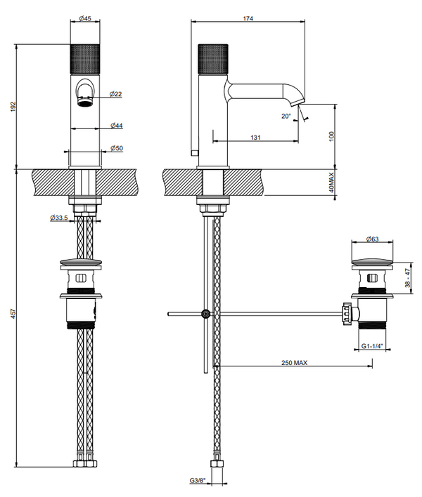 Gessi Habito Miscelatore lavabo con scarico brushed brass unito 70001