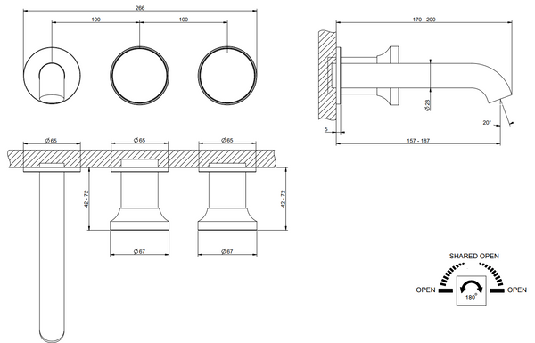 Parte esterna miscelatore vasca a parete 2 vie con deviatore parte incasso non inclusa brass brushed 66042 Gessi