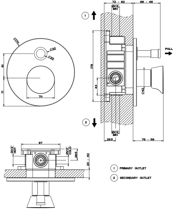 Parte esterna miscelatore doccia a parete 2 vie senza parte incasso cromo cono 45079 gessi