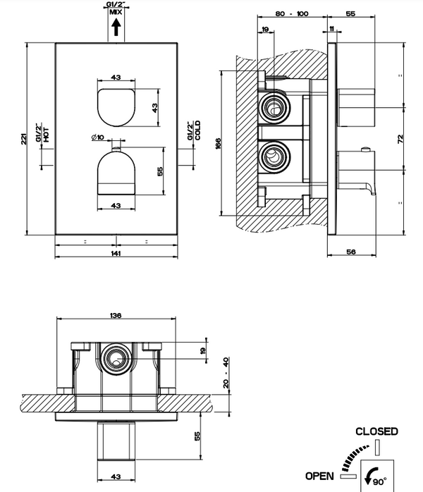 Parte esterna miscelatore termostatico doccia a parete 1 via cromo Rilievo 59132 Gessi