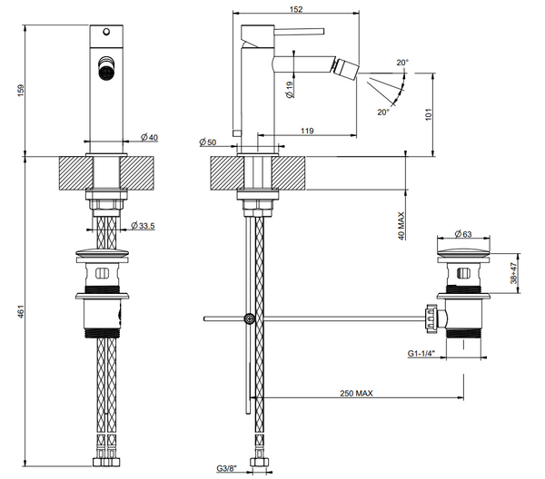 Gessi Flessa Miscelatore bidet monocomando 708 Copper Brushed PVD 54007708