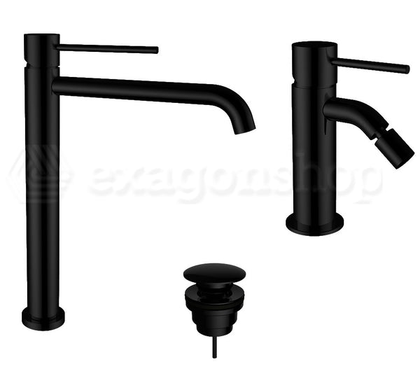 Teorema Jabil 25 Coppia Miscelatori Lavabo Alto E Bidet Scarico Click Clack Nero Opaco