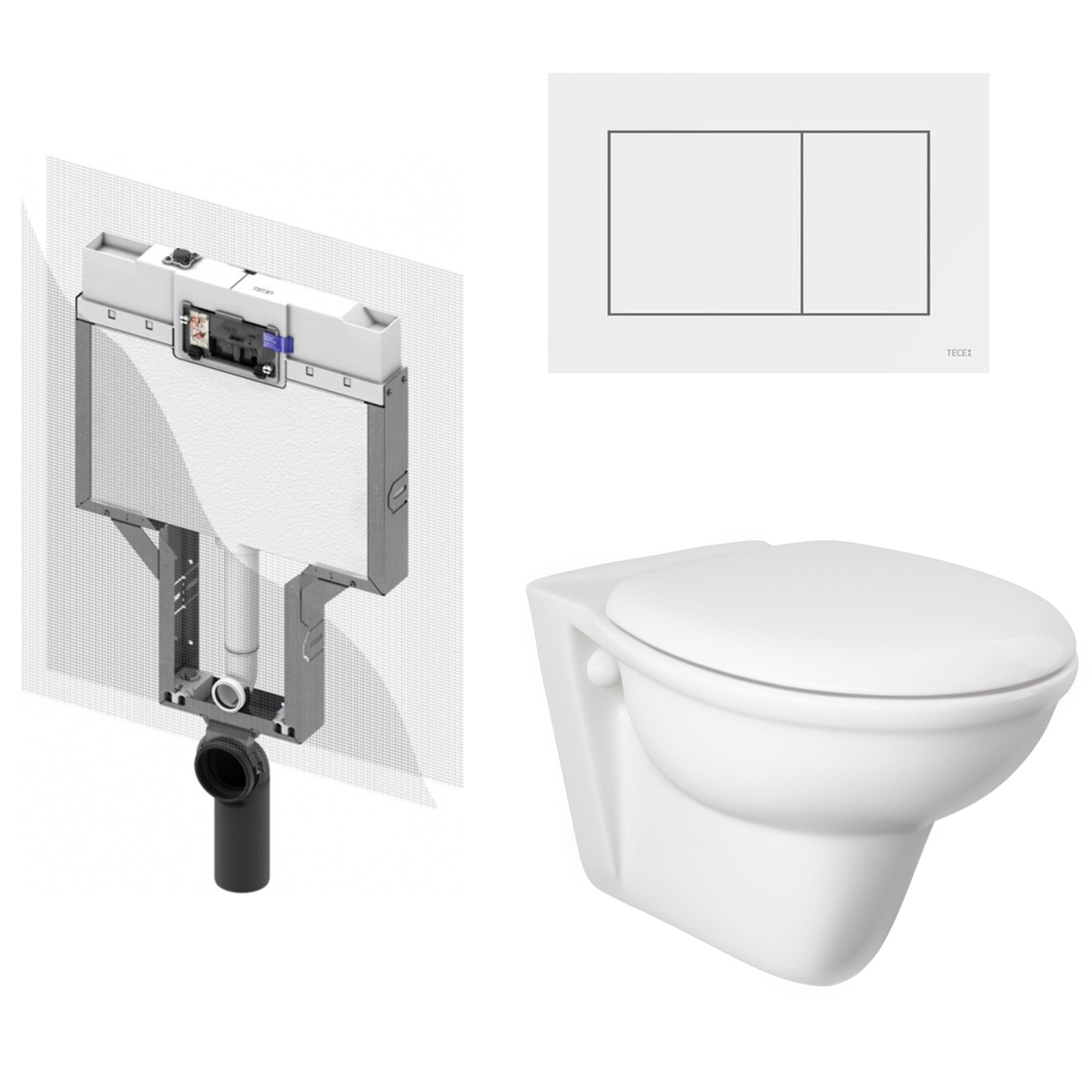 Vaso sospeso Karla con Sedile abs normale Cassetta scarico plus Tecebox ad incasso con Placca 2 pulsanti Tecenow Bianca