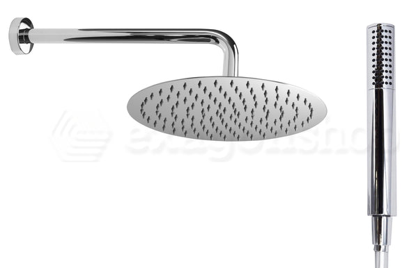 Kit doccia con soffione 30 cm tondo braccio doccetta con flessibile in pvc e presa acqua con supporto in acciaio cromo